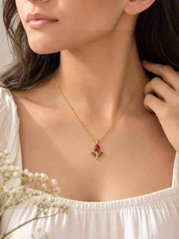 Rose Pendant Necklace with red and green gemstone rose pendant